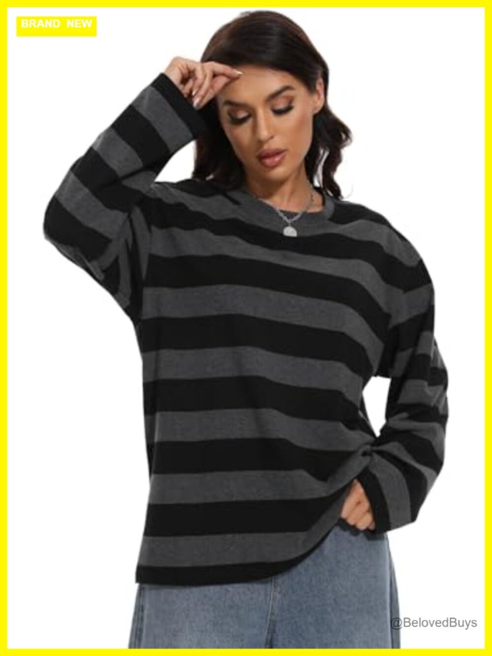 Long Sleeve Crewneck Striped T-Shirt Cotton Spandex Grunge Top